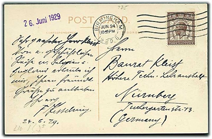 1½d U.P.U. Congress 1929 single på brevkort fra Birmingham d. 24.6.1929 til Nürnberg, Tyskland.