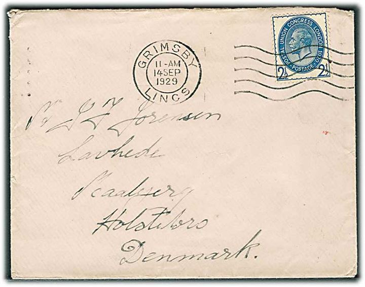 2½d U.P.U. Congress 1929 single på brev fra Grimsby d. 14.9.1929 til Holstebro, Danmark.