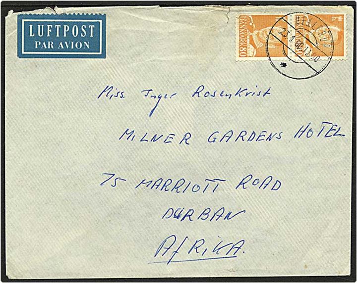 80 øre orange Fr. IX på luftpost brev fra Hellerup d. 23.1.1960 til Durban.