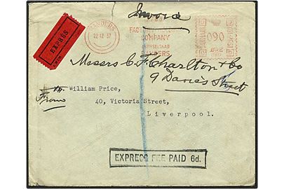 Francostemplet expres brev fra Randers d. 22.12.1937 til Liverpool, England.