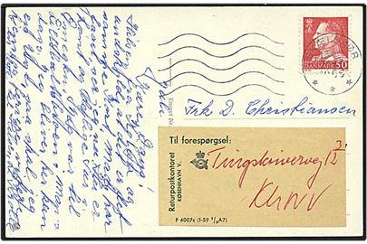 60 øre rød Fr. IX på postkort fra Skælskør d. 21.7.1965 til København. Kortet forespurgt, vignet P 4007c (1-59 1/3A7).
