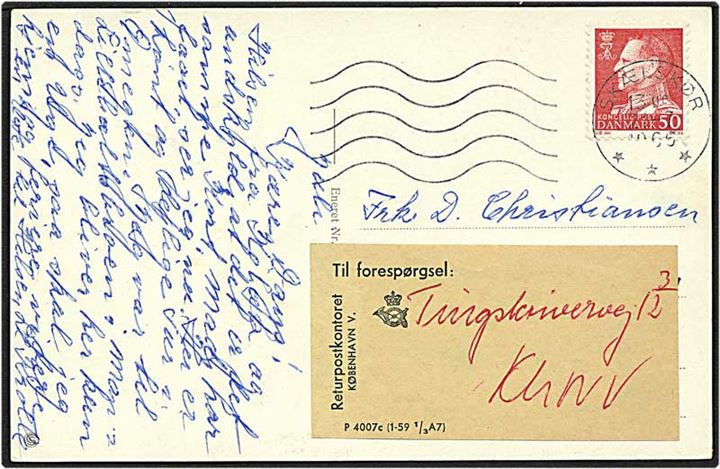 60 øre rød Fr. IX på postkort fra Skælskør d. 21.7.1965 til København. Kortet forespurgt, vignet P 4007c (1-59 1/3A7).