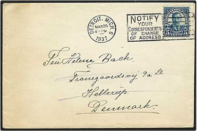 5 cent blå på brev fra Detroit, USA, d. 26.3.1937 til Hellerup. Ubekendt efter adressen.