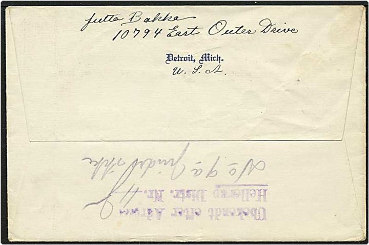 5 cent blå på brev fra Detroit, USA, d. 26.3.1937 til Hellerup. Ubekendt efter adressen.