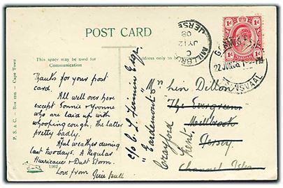 1d Edward VII på brevkort fra Germiston d. 22.6.1908 til Millsbrook, Jersey - eftersendt til Crayfort, Kent.