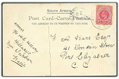 Natal. 1d Edward VII på brevkort (Zulu Medmorial, Maritzburg) fra Hillary Natal d. 26.6.1905 til Port Elizabeth, Cape Colony.