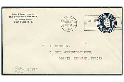 5 cents helsagskuvert fra new York d. 21.3.1941 til Odense, Danmark. Åbnet af tysk censur i Frankfurt.