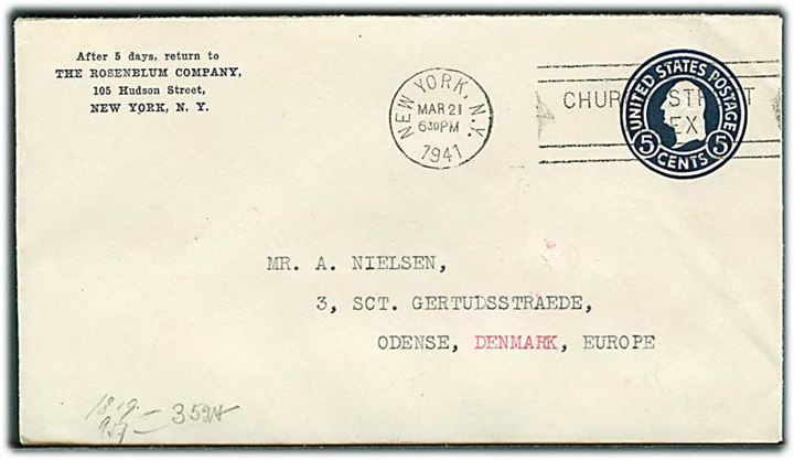 5 cents helsagskuvert fra new York d. 21.3.1941 til Odense, Danmark. Åbnet af tysk censur i Frankfurt.