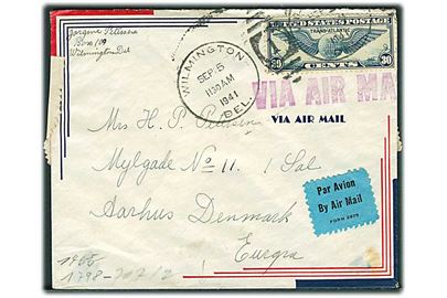 30 cents Winged Globe på luftpostbrev fra Wilmington d. 5.9.1941 til Aarhus, Danmark. Åbnet af tysk censur i Frankfurt.