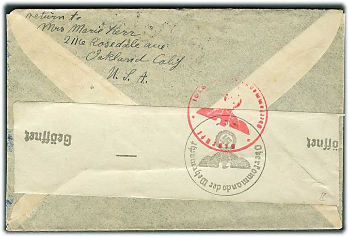 30 cents Winged Globe på luftpostbrev fra Oakland d. 11.9.1941 til Nordenskov, Danmark. Åbnet af tysk censur i Frankfurt.