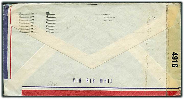 10 cents Transport på luftpostbrev fra San Juan Puerto Rico d. 1.11.1943 til San Francisco. Åbnet af amerikansk censur no. 4916.