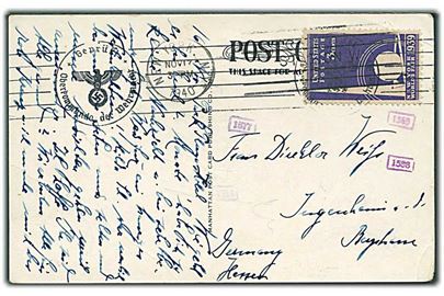 3 cents New York World Fair på brevkort fra New York d. 17.11.1940 til Tyskland. Tysk censur.