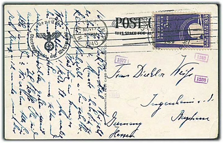 3 cents New York World Fair på brevkort fra New York d. 17.11.1940 til Tyskland. Tysk censur.