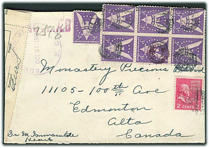 23 cents frankeret anbefalet brev fra Hoboken d. 16.10.1944 via New York til Edmonton, Canada. Åbnet af canadisk valuta kontrol. 1 mærke defekt.