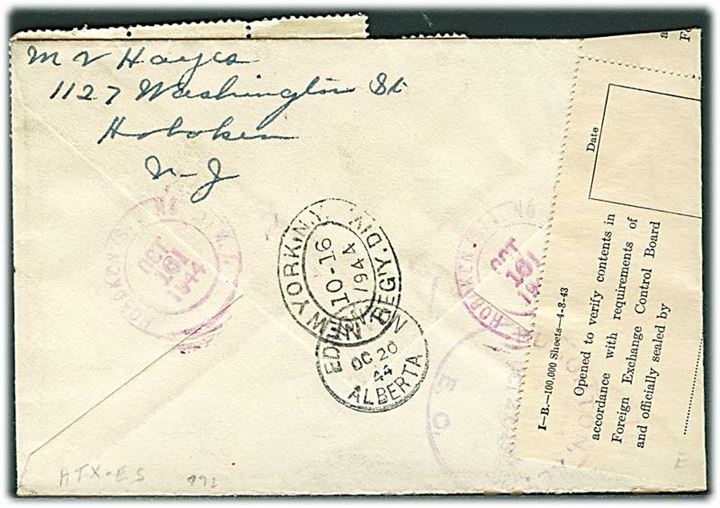 23 cents frankeret anbefalet brev fra Hoboken d. 16.10.1944 via New York til Edmonton, Canada. Åbnet af canadisk valuta kontrol. 1 mærke defekt.