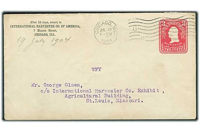 2 cents Washington helsagskuvert fra Chicago d. 19.7.1904 til St. Louis udstillingen. Ank.stemplet St. Louis / Exposition Station.