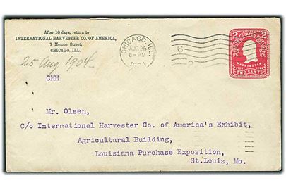 2 cents Washington helsagskuvert fra Chicago d. 25.8.1904 til St. Louis udstillingen. Ank.stemplet St. Louis / Exposition Station.