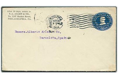 5 cents Lincoln helsagskuvert fra Philadelphia d. 26.4.1904 til Barcelona, Spanien.