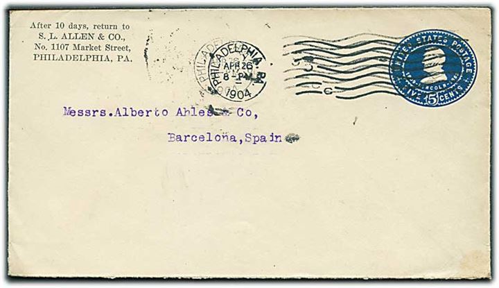 5 cents Lincoln helsagskuvert fra Philadelphia d. 26.4.1904 til Barcelona, Spanien.