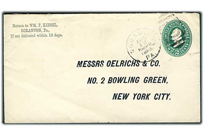 3 cents helsagskuvert fra Soranton d. 13.8.1889 til New York.