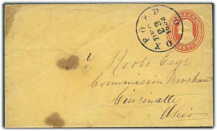3 cents helsagskuvert fra Oxford d. 23.12.1858 til Cincinatti.