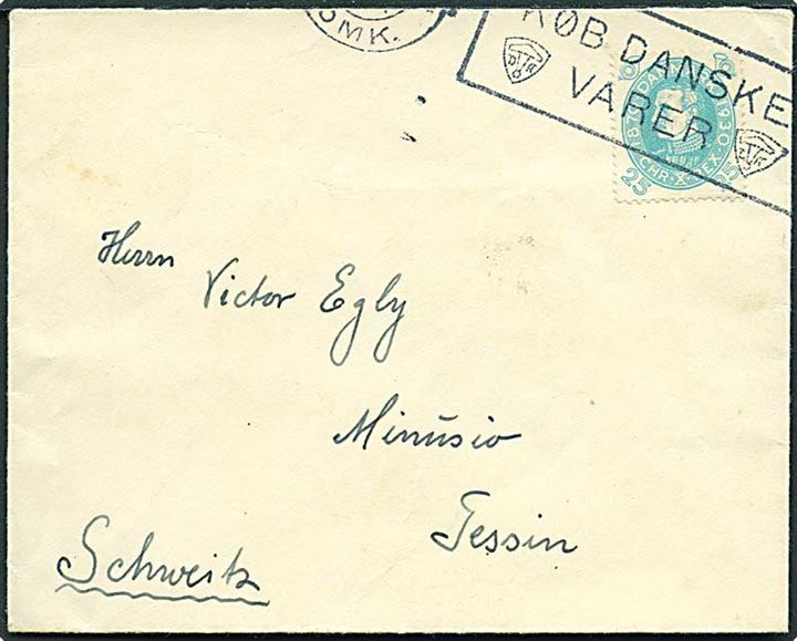 25 øre Chr. X 60 år single på brev annulleret med skævt TMS fra København ca. 1930 til Tessin, Schweiz.