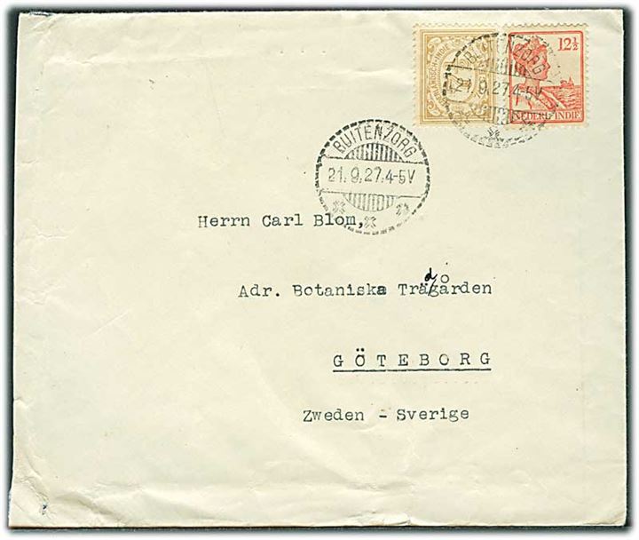 Hollandsk Ostindien. 7½ c. og 12½ c. på brev fra Buitenzorg d. 21.9.1927 til Göteborg, Sverige.