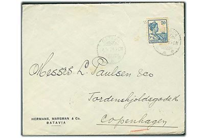 Hollandsk Ostindien. 20 c. Wilhelmina på brev fra Batavia d. 4.11.1924 til København, Danmark.