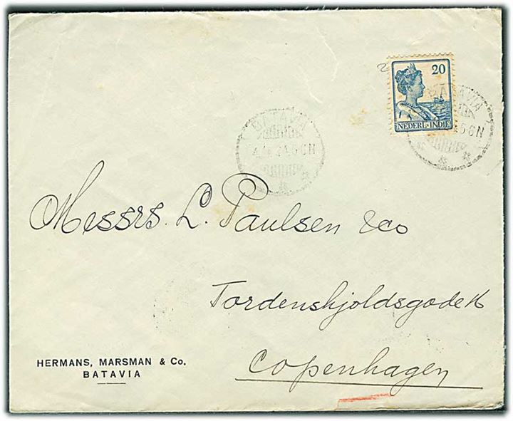Hollandsk Ostindien. 20 c. Wilhelmina på brev fra Batavia d. 4.11.1924 til København, Danmark.