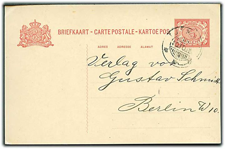 Hollandsk Ostindien. 5 c. helsagsbrevkort fra Tjimahi d. 10.10.1912 til Berlin, Tyskland.