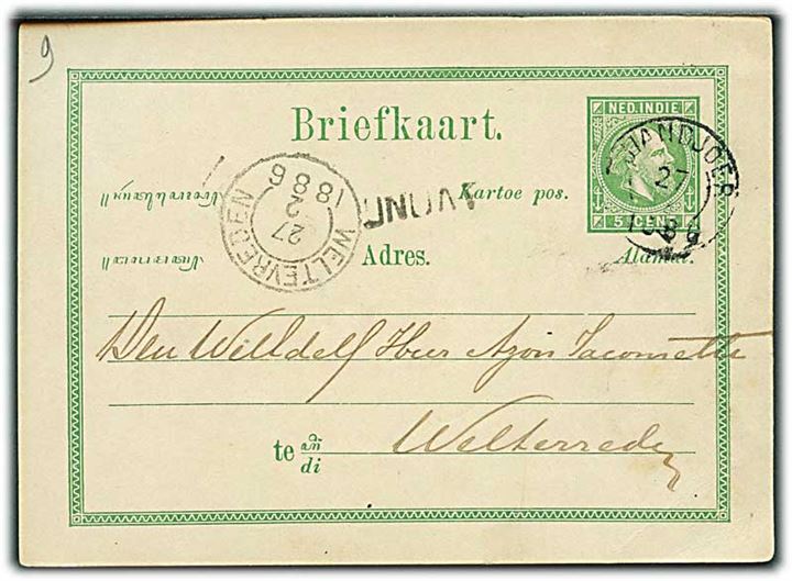 Hollandsk Ostindien. 5 c. helsagsbrevkort fra Tjiandjoer d. 27.2.1886 til Weltevreden. Utydeligt liniestempel.