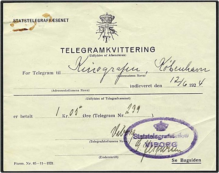 Telegramkvittering fra Viborg d. 12.6.1924.
