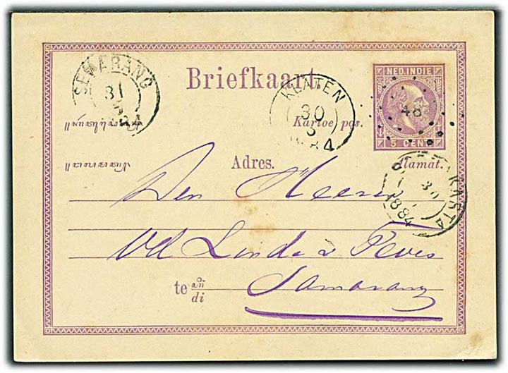 Hollandsk Ostindien. 5 c. helsagskuvert annulleret med nr.stempel 48 og sidestemplet Klaten d. 30.3.1884 via Soerakarta til Semarang.