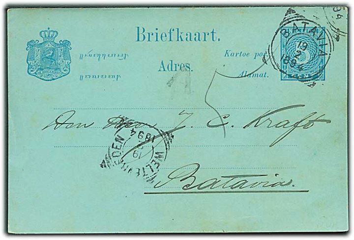 Hollandsk Ostindien. 5 c. helsagsbrevkort fra Batavia d. 19.2.1894 via Weltevreden til Batavia. Svagt V stempel.