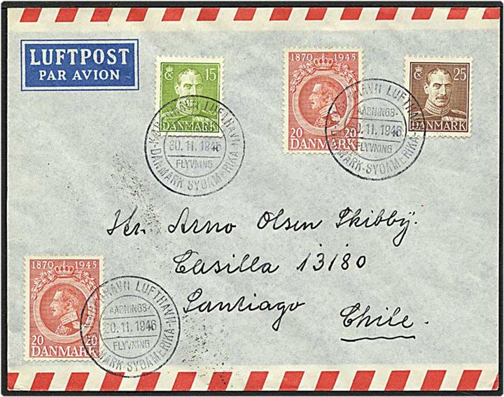 80 øre porto på luftpost brev fra København d. 20.11.1946 til Santiago, Chile.