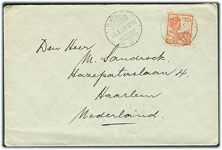 Hollandsk Ostindien. 12½ c. Wilhelmina på brev fra Batavia d. 24.1.1928 til Haarlem, Holland.
