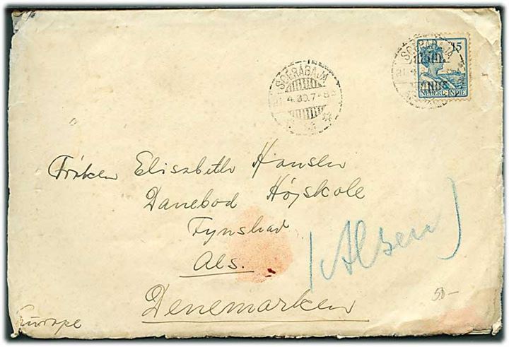 Hollandsk Ostindien. 15 c. Wilhelmina på brev fra Soerabaja d. 21.4.1930 til Fynshav på Als, Danmark. Kuvert noget nusset.