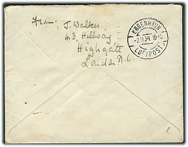 ½d og 1½d (par) George V på luftpostbrev fra Highgate d. 1.11.1934 til København, Danmark.