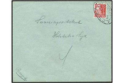 15 øre rød karavel på brev fra Sørvad d. 21.10.1939 til Holstebro. Sørvad / R.Ø.H.J. ovalstempel.