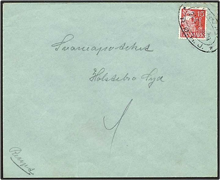 15 øre rød karavel på brev fra Sørvad d. 21.10.1939 til Holstebro. Sørvad / R.Ø.H.J. ovalstempel.