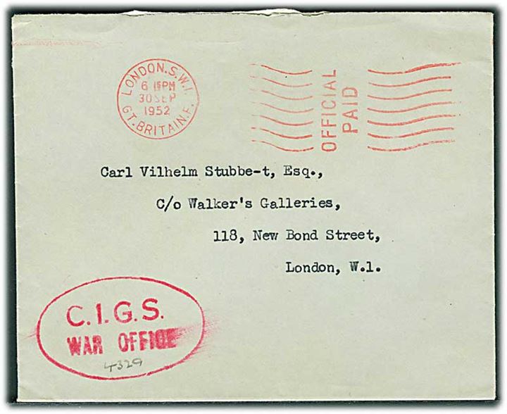 Officielt brev stemplet London/Official Paid d. 30.9.1952 til London. Ovalt afs.-stempel C.I.G.S. (= Chief of Imperial General Staff) War Office.
