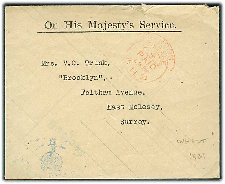 Ufrankeret OHMS kuvert stemplet London Postage Paid d. 15.2.1921 til East Molesey.