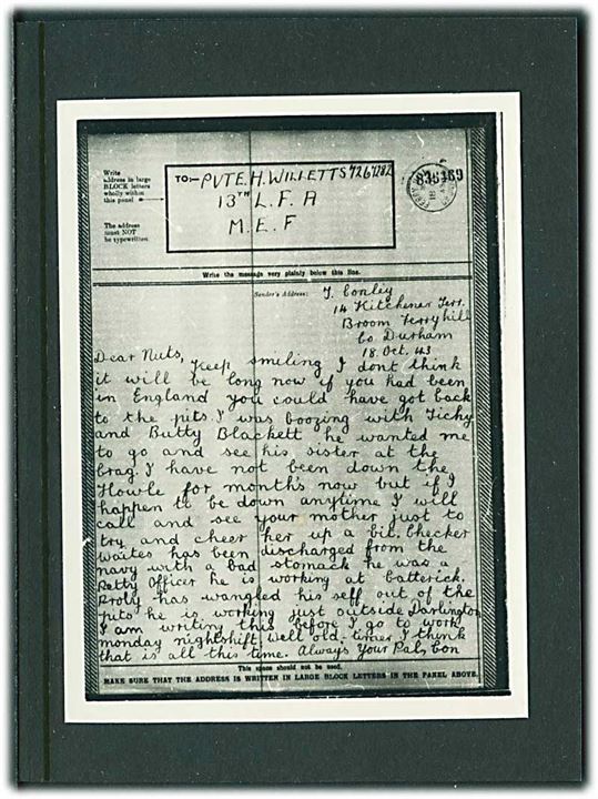 Airgraph formular fra Ferry Hill d. 18.10.1943 til soldat ved 13th L.F.A. / M.E.F. Medfølger original negativ og kontakt aftryk. 