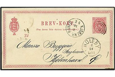 8 øre rød enkeltbrevkort fra Holeby d. 8.10.1877 til København. Nummerstempel 145 og Holeby lapidarstempel.