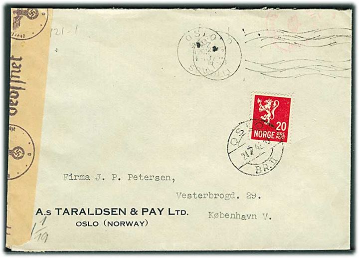 20 øre Løve på brev fra Oslo d. 21.7.19421 til København, Danmark. Åbnet af tysk censur i Oslo. Passér stemplet ved censuren i København.