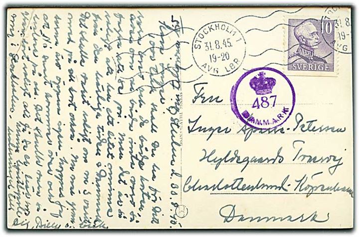 10 öre Gustaf på brevkort fra Stockholm d. 31.8.1945 til Charlottenlund. Dansk efterkrigscensur (krone)/487/Danmark.