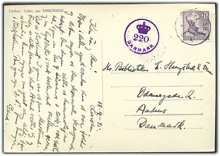 10 öre Gustaf på brevkort fra Lisviken ved Marstrand annulleret med bureaustempel PKP 383 d. 18.9.1945 til Aarhus, Danmark. Dansk efterkrigscensur (krone)/220/Danmark.