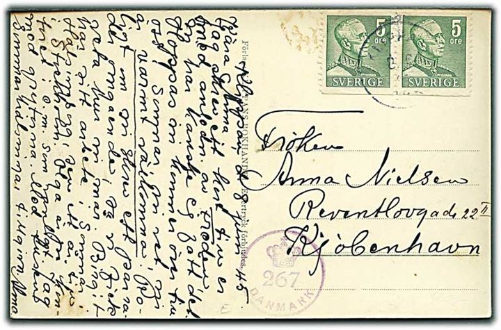5 öre Gustaf i parstykke på brevkort fra Klippan d. 8.6.1945 til København, Danmark. Dansk efterkrigscensur (krone)/267/Danmark.