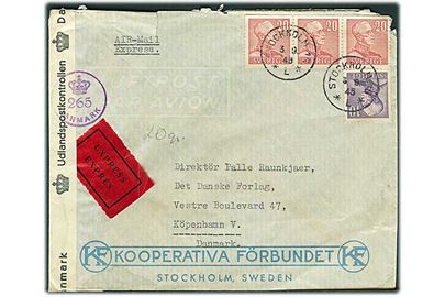 10 öre og 20 öre (3) Gustaf på luftpost ekspresbrev fra Stockholm d. 3.9.1945 til København, Danmark. Åbnet af dansk efterkrigscensur (krone)/265/Danmark.