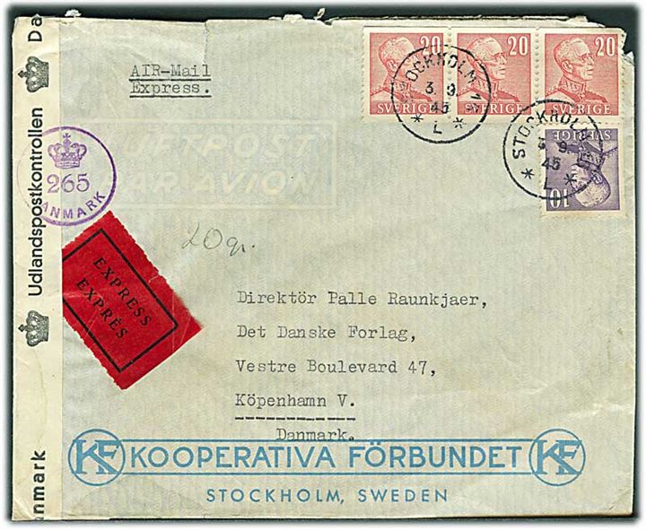 10 öre og 20 öre (3) Gustaf på luftpost ekspresbrev fra Stockholm d. 3.9.1945 til København, Danmark. Åbnet af dansk efterkrigscensur (krone)/265/Danmark.